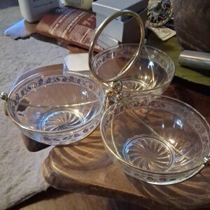 Vintage~MCM Libbey 22 KT Gold Pinecone Appetizer/Condiment Serving Caddy-3 Bowls